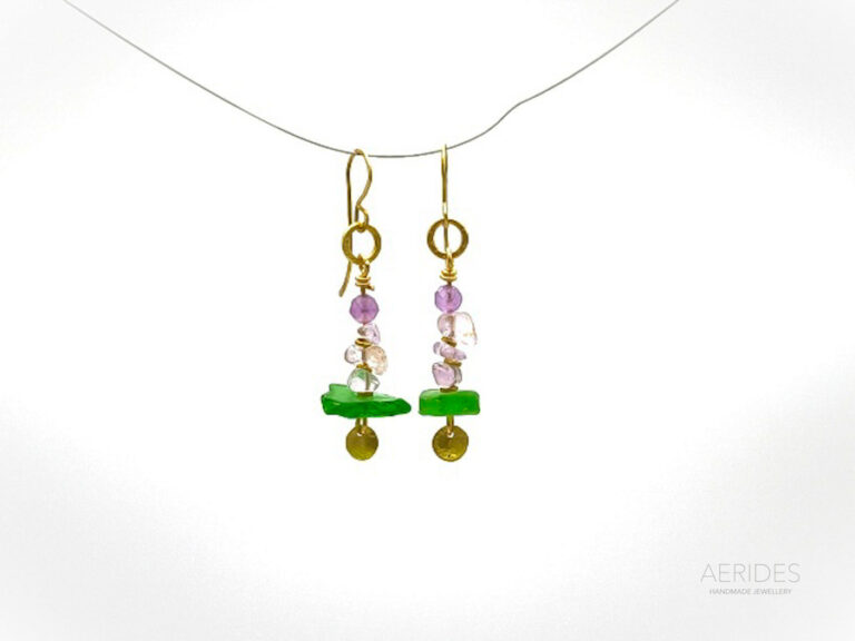 earrings brass,green sea glass and ametrine